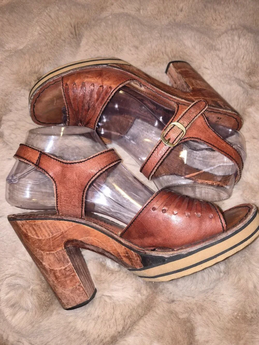 Vintage 1970 Thom McAn Wooden Platform Wedge Sandles